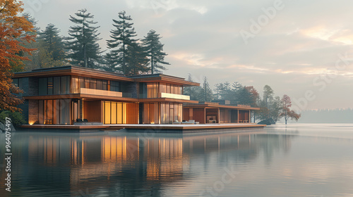 An architectural Hotel on the shore of Lake flying over water, made from wood and concrete in shades of brown and gray. The structure is reflected in calm waters, surrounded by trees. Generative AI. photo