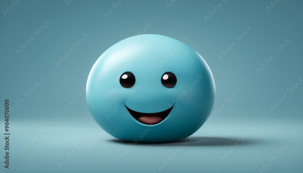 3D illustration of a blue smiling emoji with big eyes and an open mouth on a light blue background. This cute and friendly character brings a sense of calm and joy, ideal for enhancing online 3D illustration of a blue smiling emoji with big eyes and an open mouth on a light blue background. This cute and friendly character brings a sense of calm and joy, ideal for enhancing online