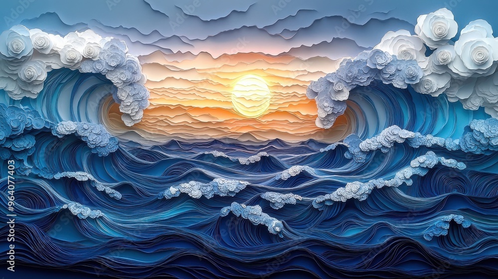 Paper art style sea with layered cut-outs and intricate details. Paper art style sea with layered cut-outs and intricate details.