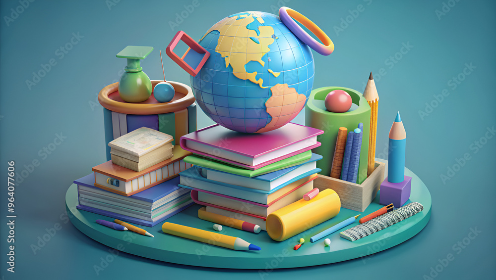 Highly Detailed 3D Model of a Stack of Colorful Books, with a Floating Globe and School Supplies Around It Highly Detailed 3D Model of a Stack of Colorful Books, with a Floating Globe and School Supplies Around It