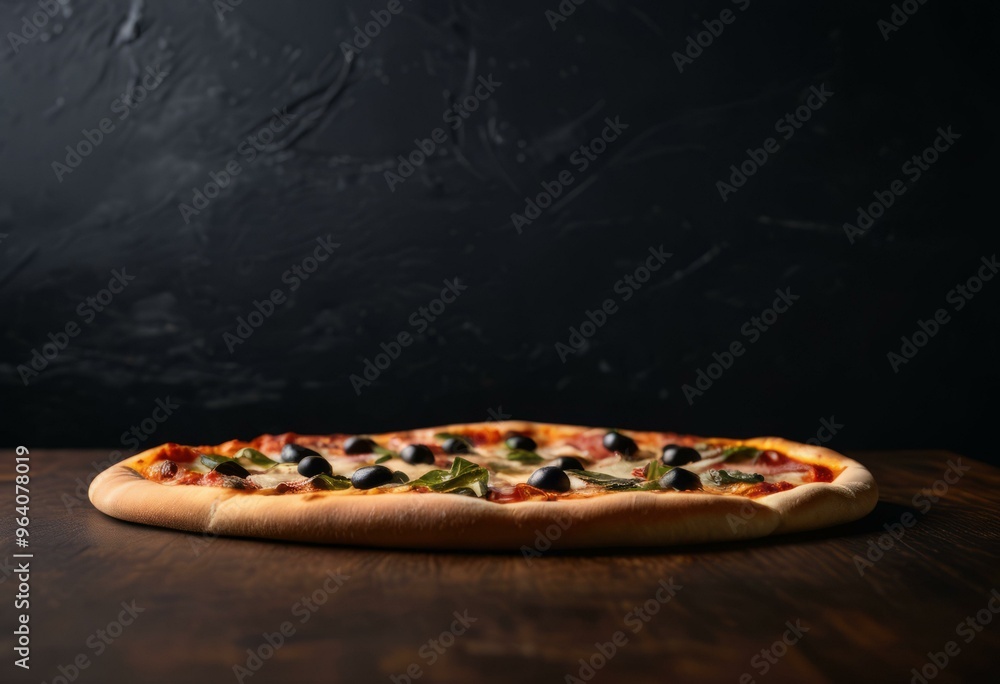 Freshly Baked Pizza with Tomato Sauce, Mozzarella, and Basil on Wooden Surface Freshly Baked Pizza with Tomato Sauce, Mozzarella, and Basil on Wooden Surface