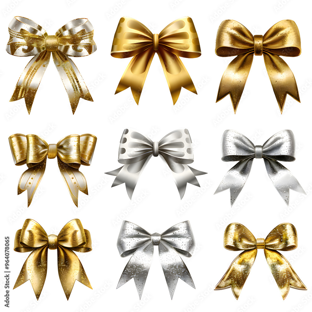 Collection of shiny gold and silver bows isolated on transparent background Collection of shiny gold and silver bows isolated on transparent background