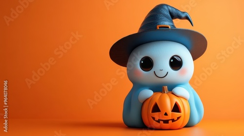 Pretty 3D cartoon ghost with pumpkin on slightly fuzzy background