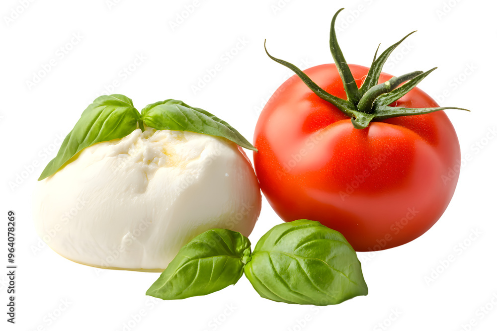 Fresh piece burrata cheese with basil and tomatoes close up isolated on transparent background Fresh piece burrata cheese with basil and tomatoes close up isolated on transparent background