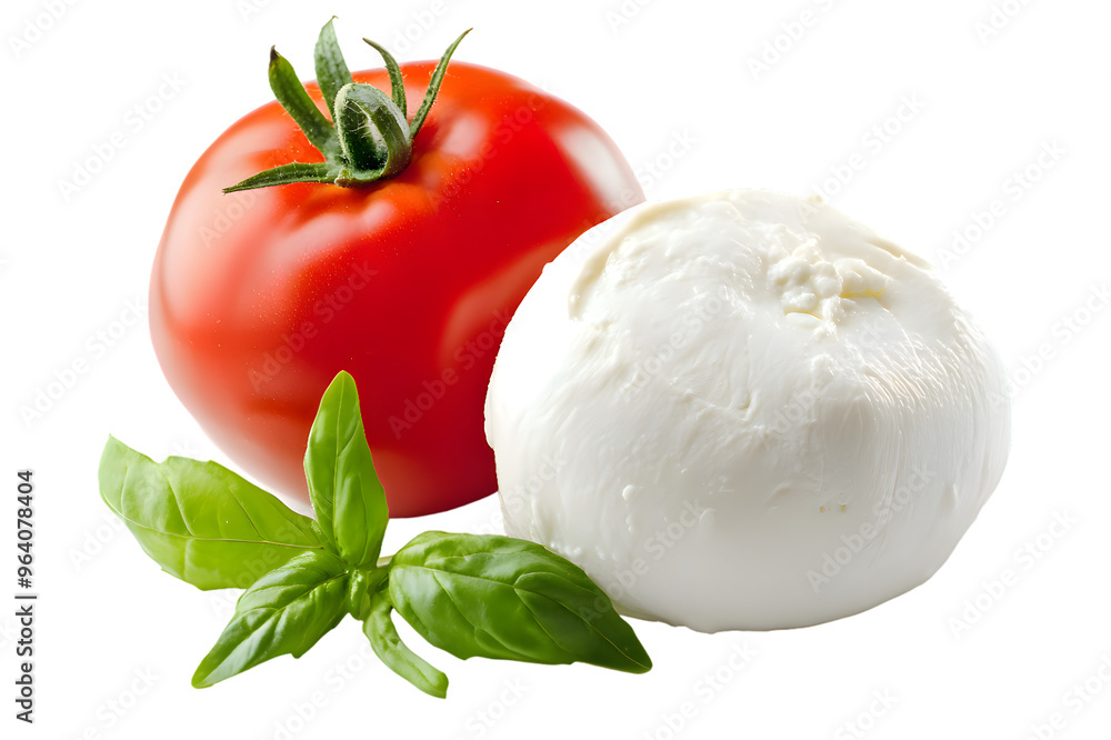 Fresh piece burrata cheese with basil and tomatoes close up isolated on transparent background Fresh piece burrata cheese with basil and tomatoes close up isolated on transparent background