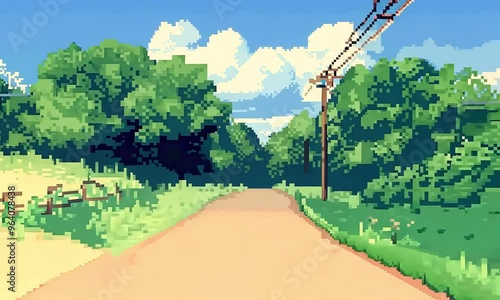 car cab view, pixelated retro game style, Countryside road surrounded by green fields, 4K video stock