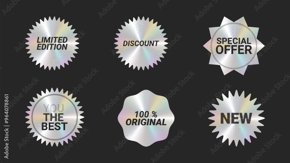Holographic stickers logos emblem labels color set. Metallic effect. For packaging product of promotional material. Sticker for clothes or accessories. Vector illustration. Holographic stickers logos emblem labels color set. Metallic effect. For packaging product of promotional material. Sticker for clothes or accessories. Vector illustration.
