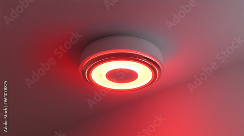 Ceiling fire detector with flat design, emitting red light for safety. photo