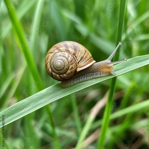 A snail crawls on a green leaf in a lush garden.