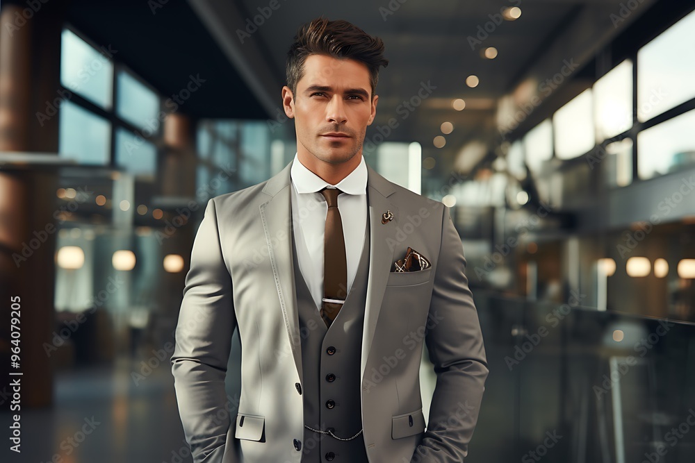 Handsome young businessman in suit looking at camera while standing indoors Handsome young businessman in suit looking at camera while standing indoors