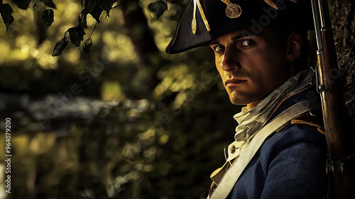 A soldier in a blue uniform and a tricorn hat stands with a musket leaning against a tree in the woods. photo