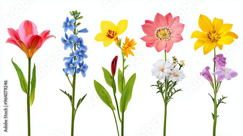 flowers and grass, field of flowers, garden flowers on white background