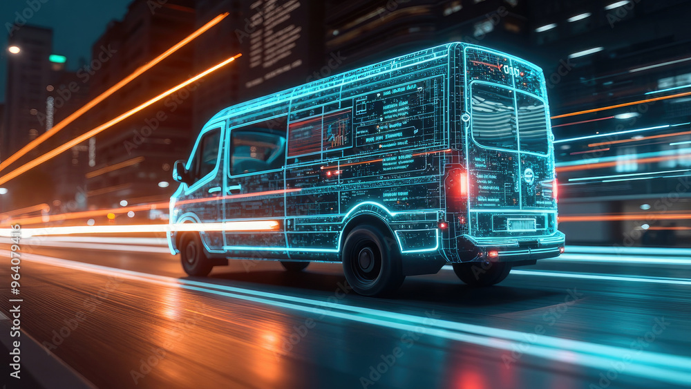 The Future of Transportation: A Digital Van Driving Through City Lights The Future of Transportation: A Digital Van Driving Through City Lights