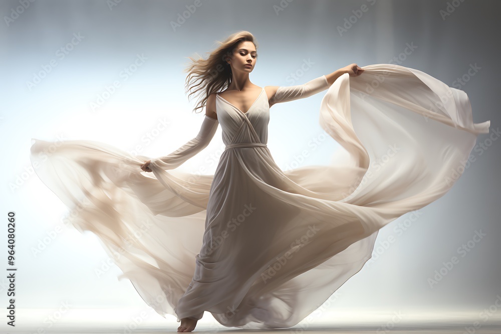 Beautiful blonde woman in a long flying dress in the studio. Beautiful blonde woman in a long flying dress in the studio.