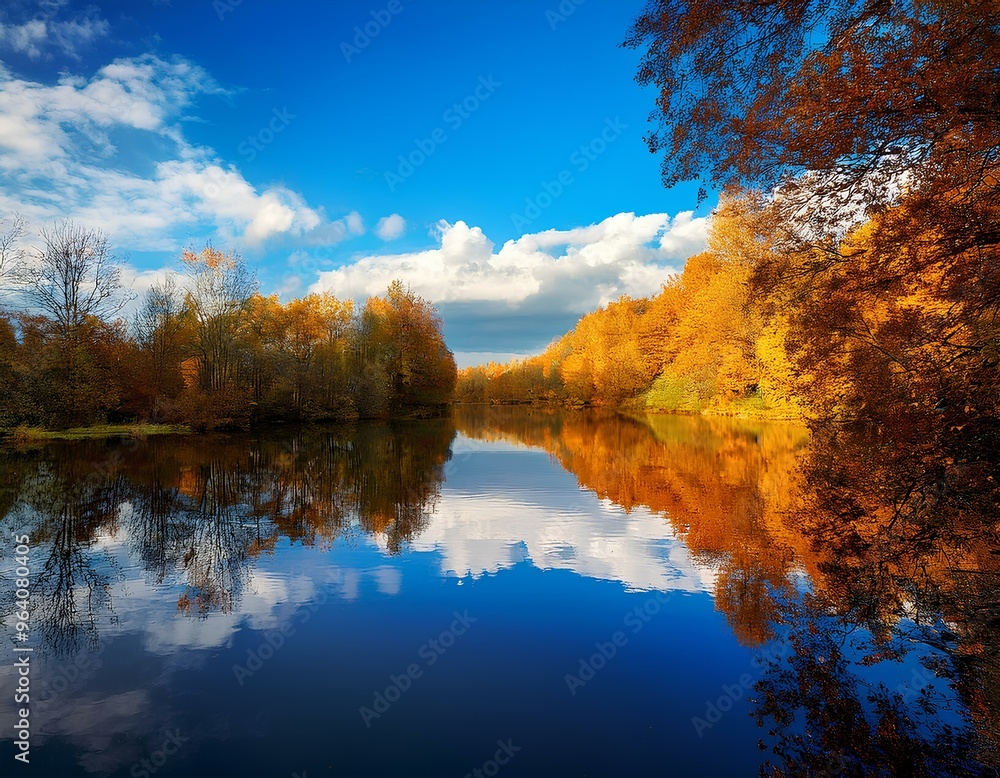 Autumn landscape with blue sky and clouds over the river; reflection in water; beautiful lake Autumn landscape with blue sky and clouds over the river; reflection in water; beautiful lake