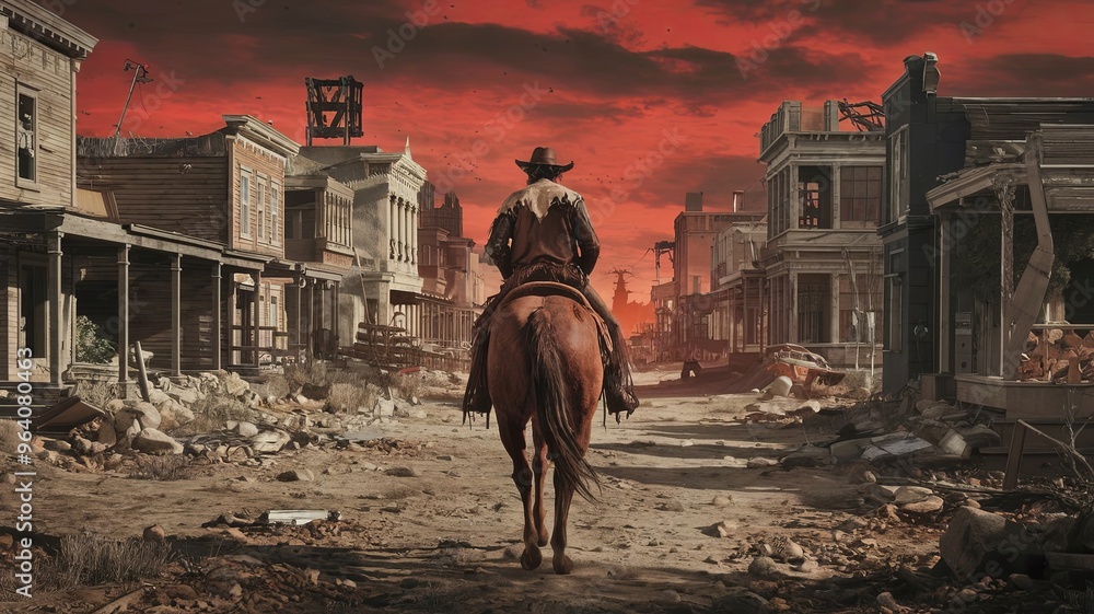 Naklejka premium horse in the desert city post-apocalyptic age