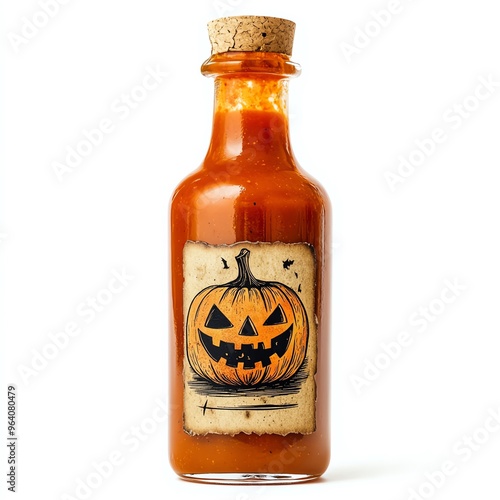 A pumpkin spice hot sauce with a spooky label, Halloween theme, fiery and festive, isolated on white background photo