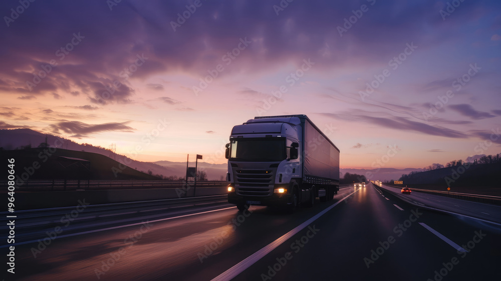 Obraz premium Sunset Drive with Commercial Truck on Highway