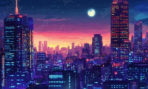 pixelated retro game style, Twilight skyline with glowing city lights, 4K video stock
