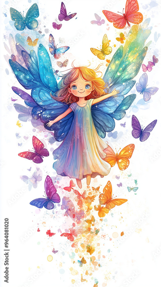 A cartoon angel with translucent butterfly wings in vibrant colors glides through the air, her glowing wings and halo radiating calm and beauty. A cartoon angel with translucent butterfly wings in vibrant colors glides through the air, her glowing wings and halo radiating calm and beauty.
