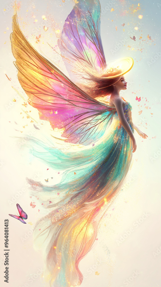 Obraz premium A cartoon angel with translucent butterfly wings in vibrant colors glides through the air, her glowing wings and halo radiating calm and beauty.