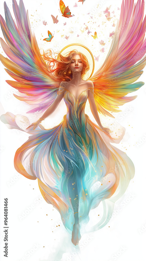 Obraz premium A cartoon angel with translucent butterfly wings in vibrant colors glides through the air, her glowing wings and halo radiating calm and beauty.