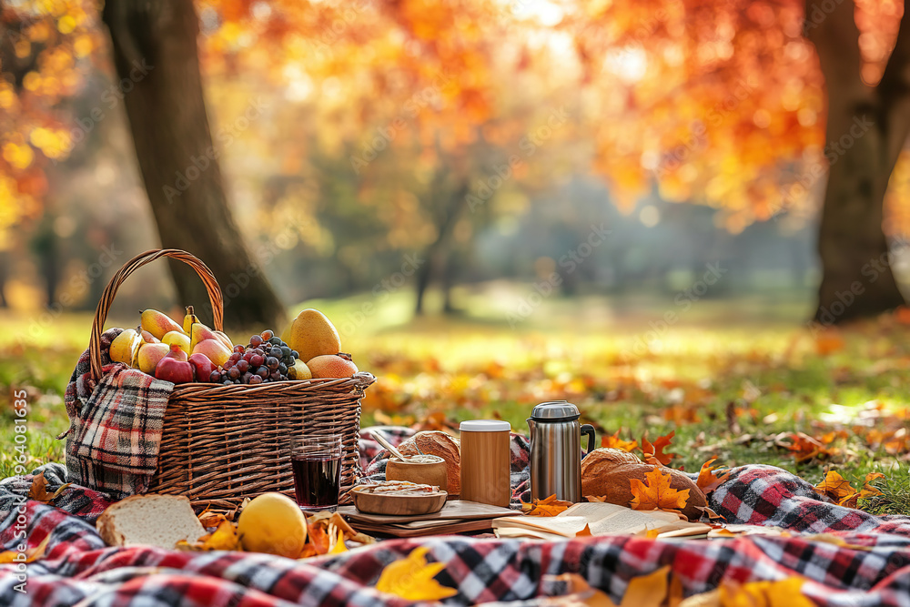Cozy fall picnic with fruit and drinks in a sunlit park Cozy fall picnic with fruit and drinks in a sunlit park