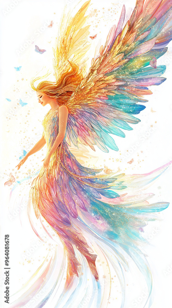 Obraz premium A cartoon angel with translucent butterfly wings in vibrant colors glides through the air, her glowing wings and halo radiating calm and beauty.