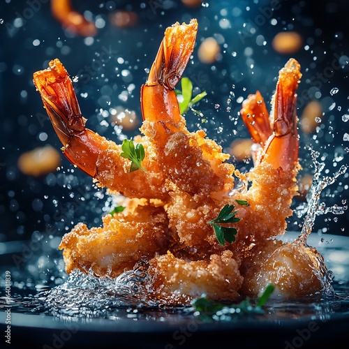 Crispy Fried Shrimp Splashing in Water photo