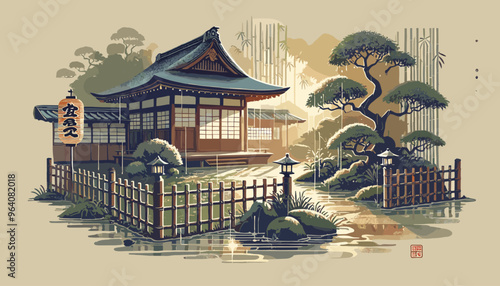 Temple precincts and gardens drenched in rain also enhance the unique beauty of Kyoto in autumn. Vector illustration.