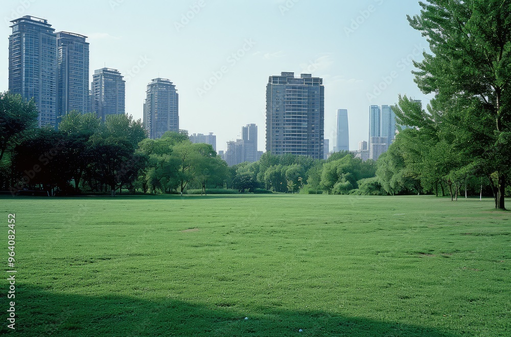 Tranquil City Park with Lush Greenery and Skyscrapers Tranquil City Park with Lush Greenery and Skyscrapers
