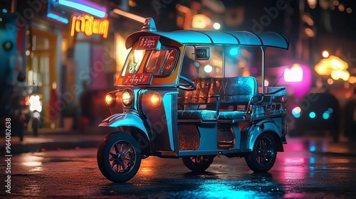 A three-wheeled tuk tuk parked at night on a wet street with neon lights reflecting in the puddles. photo