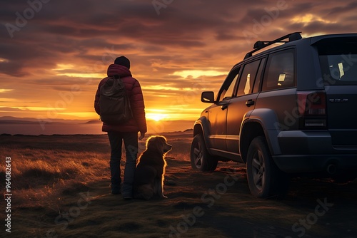 Fototapeta Naklejka Na Ścianę i Meble -  Man with a dog car on the background of a beautiful sunset in the mountains