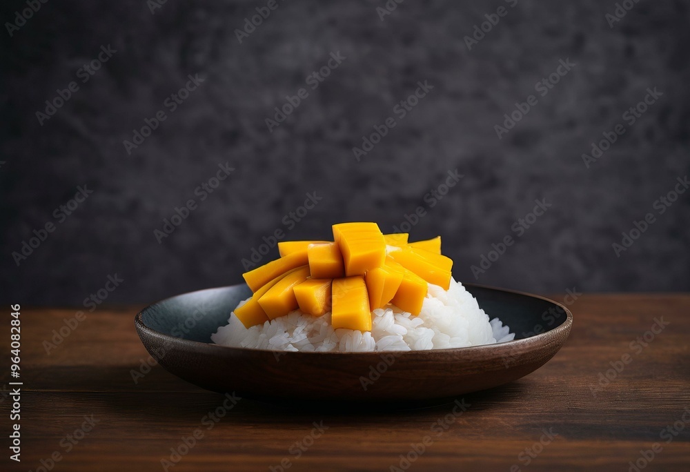 Sliced Mango on White Rice with Dark Textured Background Sliced Mango on White Rice with Dark Textured Background