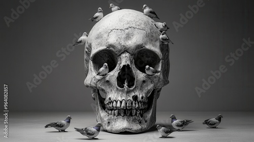 A striking skull with pigeons perched on it, symbolizing the cycle of life and death in an artistic composition. photo