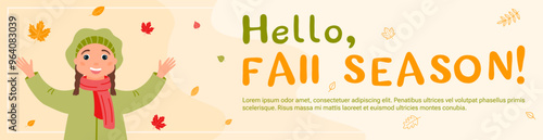 Banner Hello, fall season! A happy girl in autumn clothes catches falling colorful leaves.