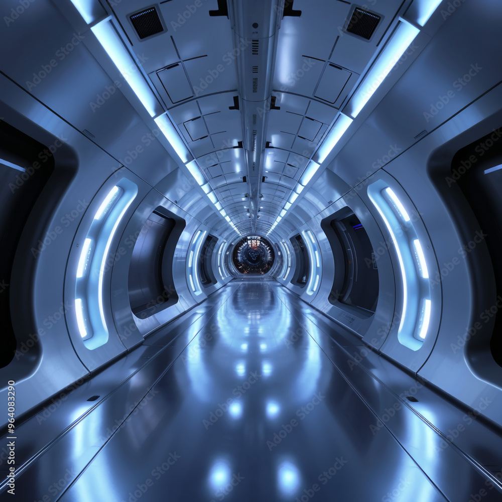 Sleek Sci-Fi Corridor with Blue Lights in a Spaceship Interior Sleek Sci-Fi Corridor with Blue Lights in a Spaceship Interior