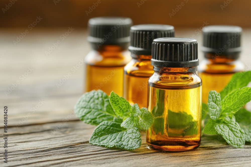 Essential oils bottles with fresh mint on wooden background Essential oils bottles with fresh mint on wooden background