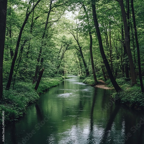 A tranquil river meanders through a lush, green forest.