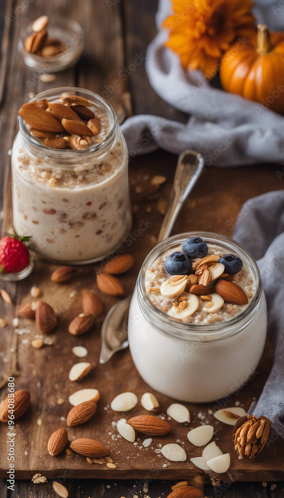 overnight oats. Two glass jars filled with creamy yogurt and mixed with oats, topped with a variety of nuts and fresh blueberries, are placed on a wooden surface. A spoon rests beside them, amidst sca overnight oats. Two glass jars filled with creamy yogurt and mixed with oats, topped with a variety of nuts and fresh blueberries, are placed on a wooden surface. A spoon rests beside them, amidst sca