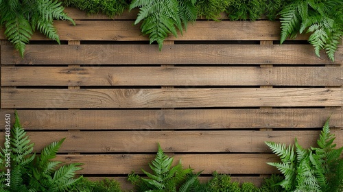 Rustic Wooden Lattice Background with Greenery, ferns, natural moss, weathered wood, soft diffused light, organic and natural look