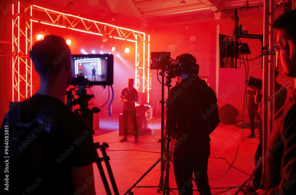 Fototapeta premium Film Crew Working on Set in Red Lighting