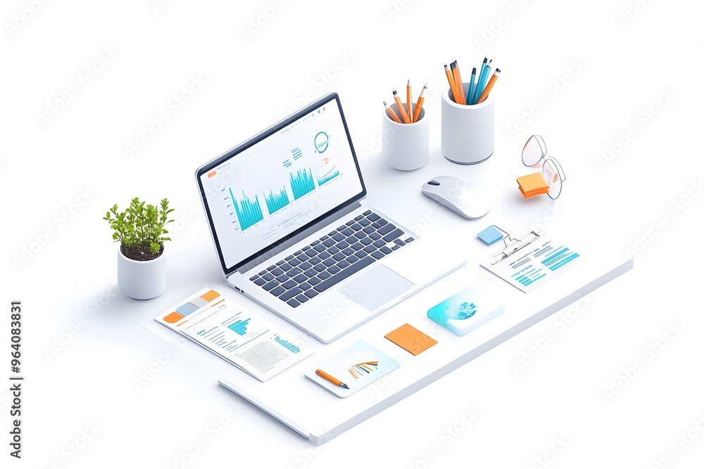 A modern workspace featuring a laptop, charts, stationery, and a plant, ideal for productivity and business concepts. A modern workspace featuring a laptop, charts, stationery, and a plant, ideal for productivity and business concepts.
