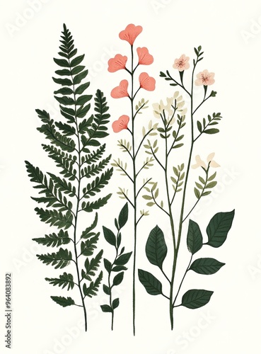 Vintage Botanical Illustration of Ferns and Wildflowers on a Neutral Background photo