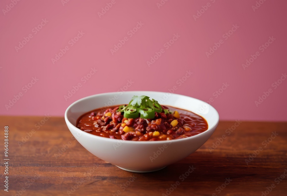Hearty Chili Con Carne with Cilantro and Jalapenos on Vibrant Pink Background Hearty Chili Con Carne with Cilantro and Jalapenos on Vibrant Pink Background