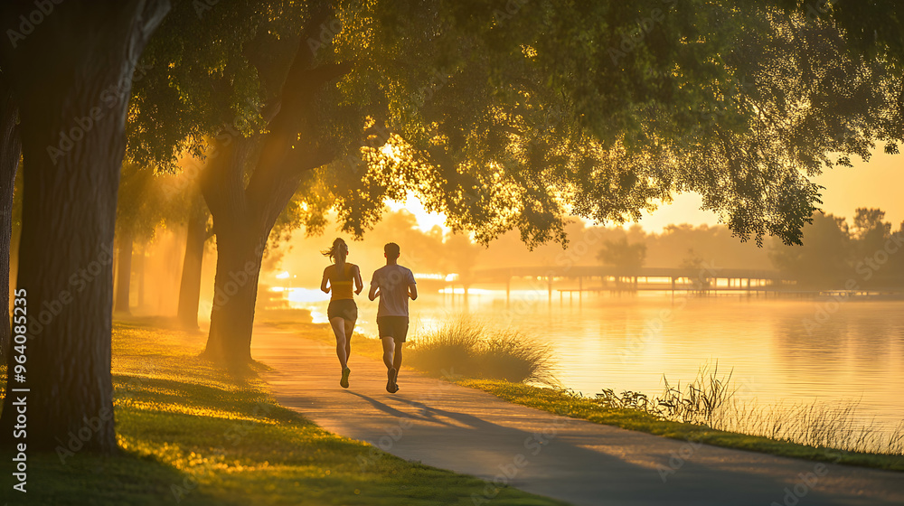 A young couple jogging along a waterfront park path under a glowing sunrise with reflections of light dancing on the water A young couple jogging along a waterfront park path under a glowing sunrise with reflections of light dancing on the water