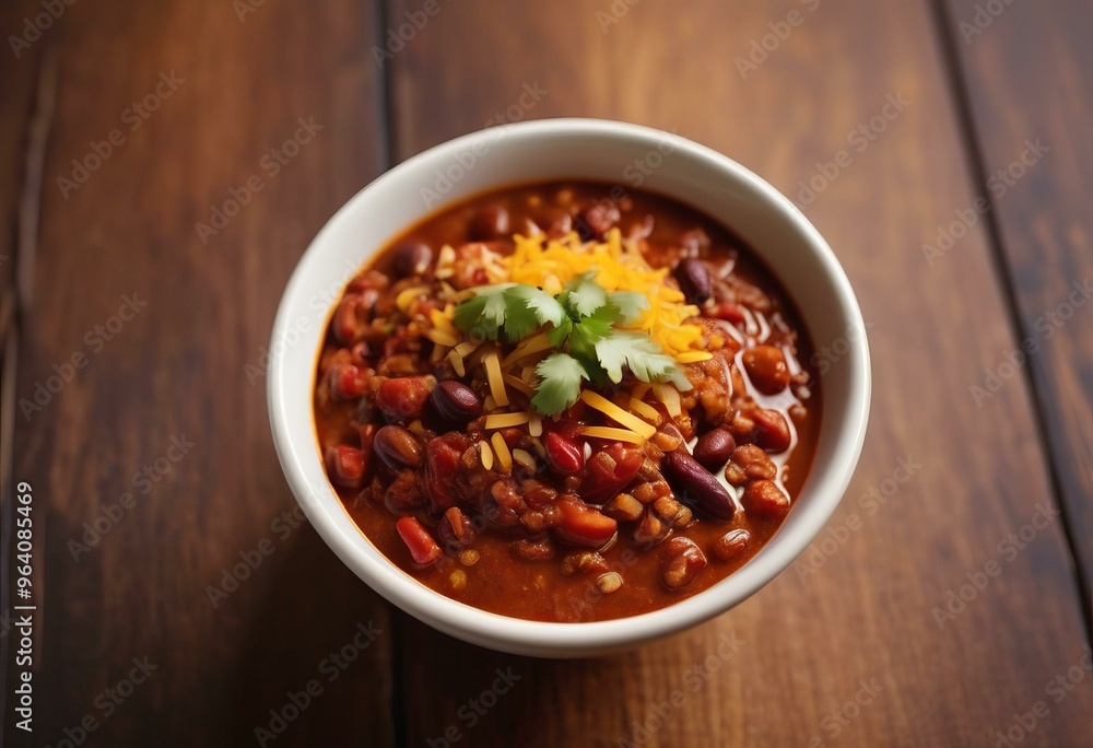Chili with Shredded Cheese and Cilantro from Top-Down Angle Chili with Shredded Cheese and Cilantro from Top-Down Angle