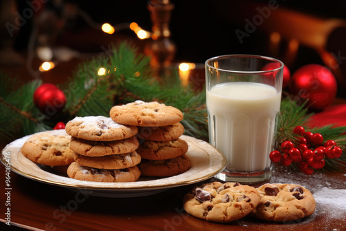 Plate of chocolate chip cookies and a glass of milk are sitting on a kitchen counter with christmas lights sparkling in the background