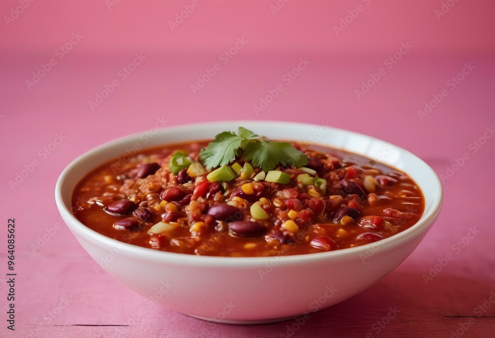 Mexican Three Bean Chili with Cilantro on Pink Background Mexican Three Bean Chili with Cilantro on Pink Background