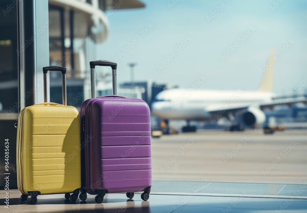 Yellow and Purple Suitcases in Airport Terminal with Airplane in Background, Blurry Foreground and Distant Plane, Travel Concept Yellow and Purple Suitcases in Airport Terminal with Airplane in Background, Blurry Foreground and Distant Plane, Travel Concept